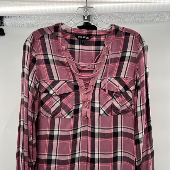Express Women's Criss Cross Neck Long Sleeve Plaid Pullover Top Size XS - Picture 2 of 9